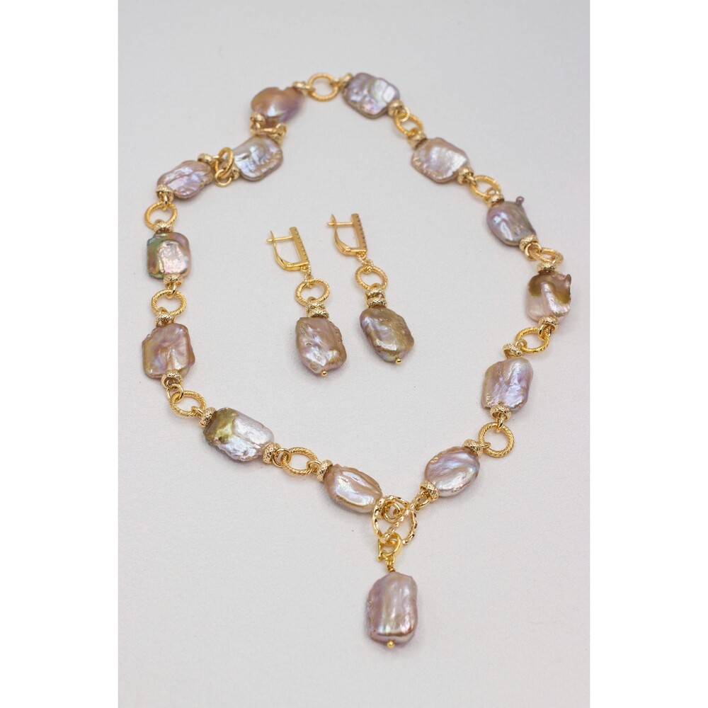 20" Natural Bronze Square Baroque Freshwater Pearl Necklace & Matching Earrings
